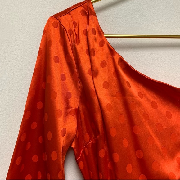 Vici Margaux Satin Feather Trim Midi Dress XS One Shoulder Holiday Christmas Red - Picture 8 of 16